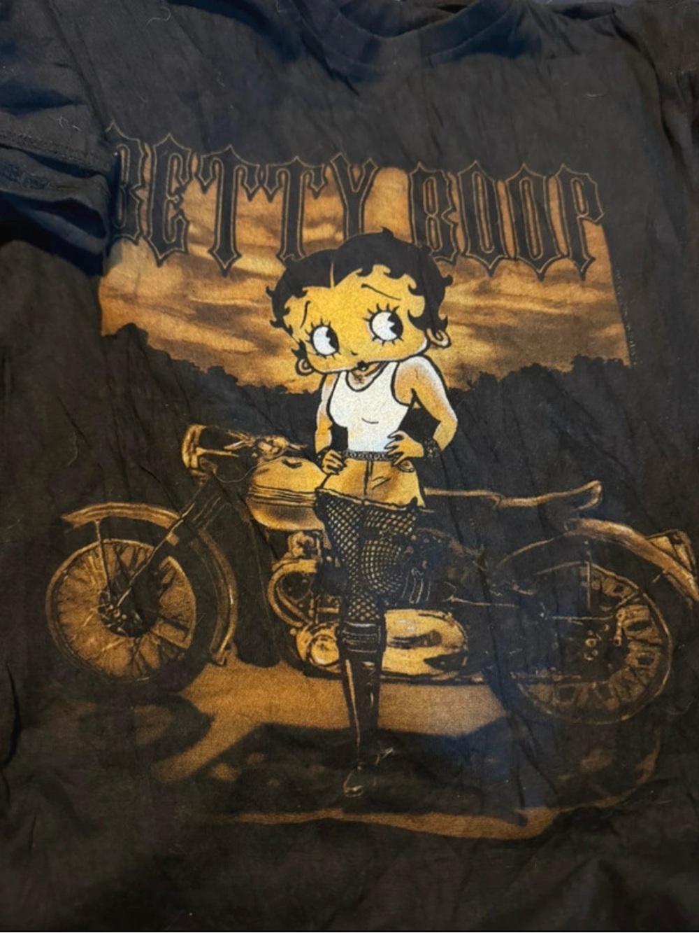 Betty Boop Vintage Style Motorcycle Tee - Black & Gold Print